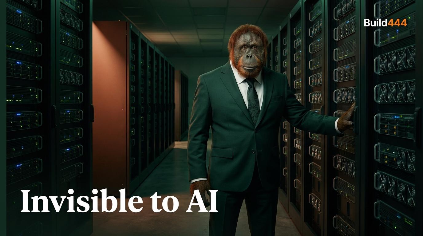 Orangutan in green suit standing in dimly lit server room corridor with hand on server rack
